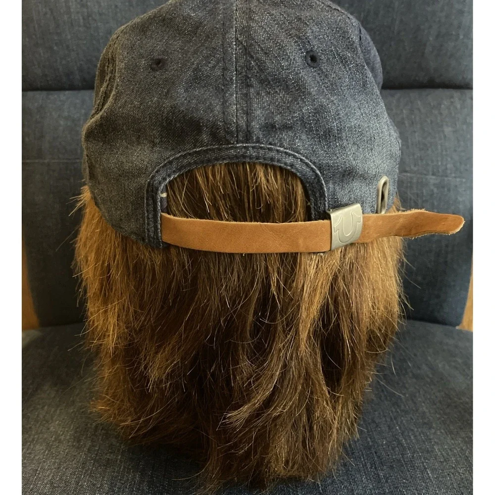 True Religion Blue Denim Ribbed Horseshoe Patch Strapback Hat Distressed Cap